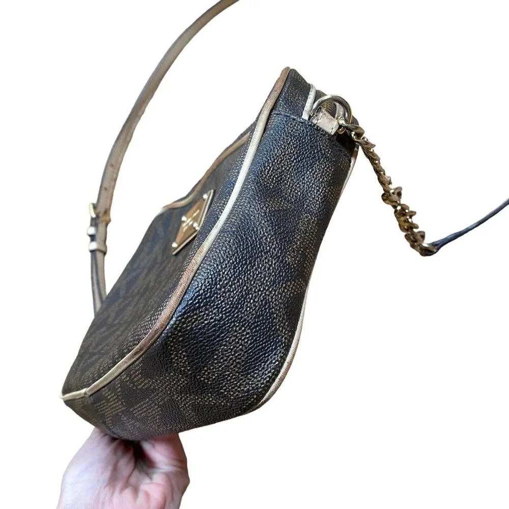 Michael Kors Brown‎ Logo Saffiano Leather Gold Chain Jet Set Small Crossbody